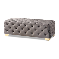 Baxton Studio Avara Glam and Luxe Gray Velvet Fabric Upholstered Gold Finished Button Tufted Bench Ottoman